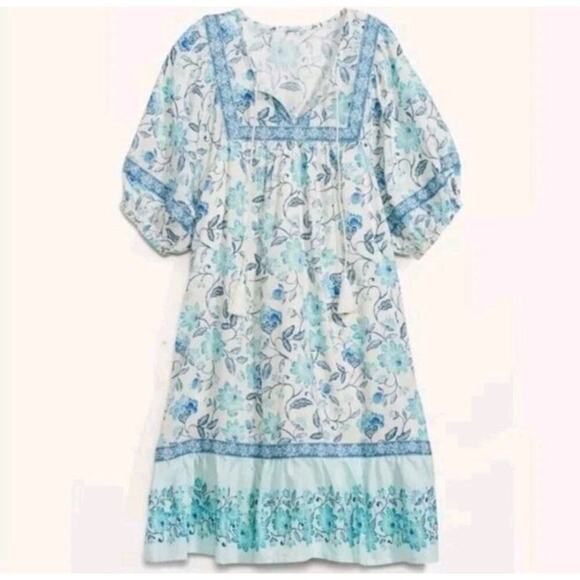 Old Navy Puff Sleeve Floral Printed Mini Swing Dress Size M Blue White Summer - Picture 1 of 12